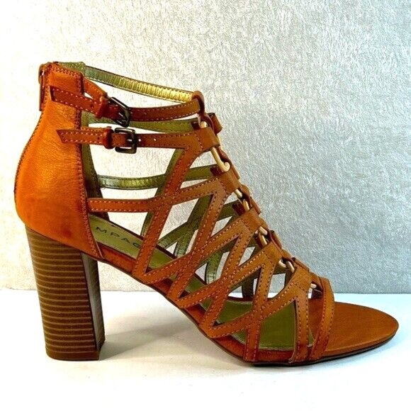 RAMPAGE Sandals Womens 9.5 Brown Strappy Ankle Block Heel Back Zip - Picture 1 of 11